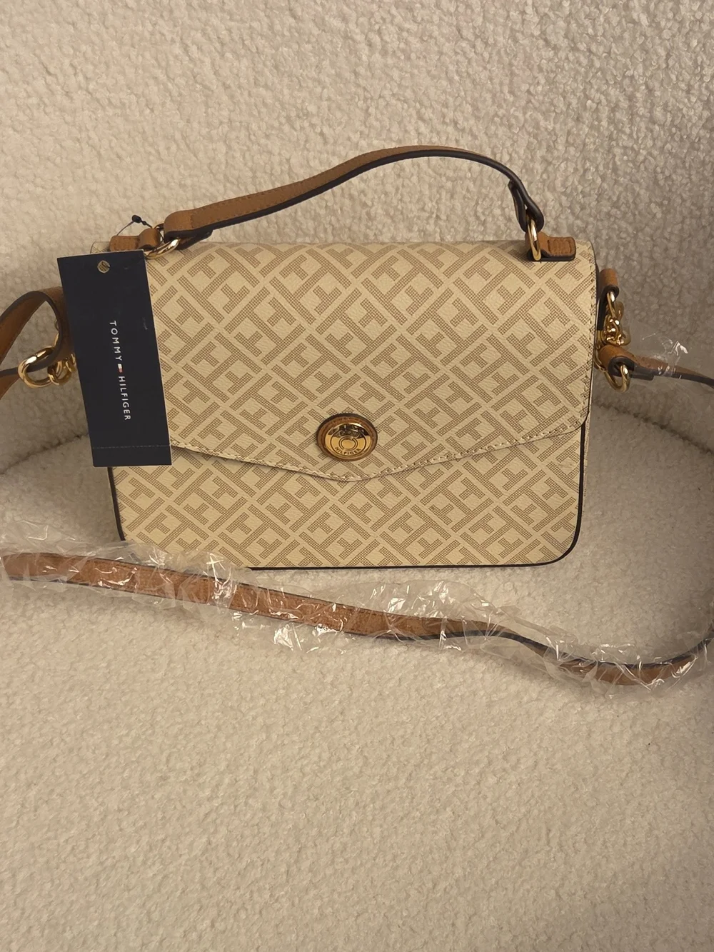 Tommy Hilfiger Cream Logo Satchel with Gold-Tone Medallion